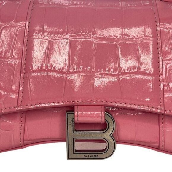 BALENCIAGA Hourglass Top Handle Mini Bag Crocodile Embossed Leather XS Pink Tote - Picture 4 of 12